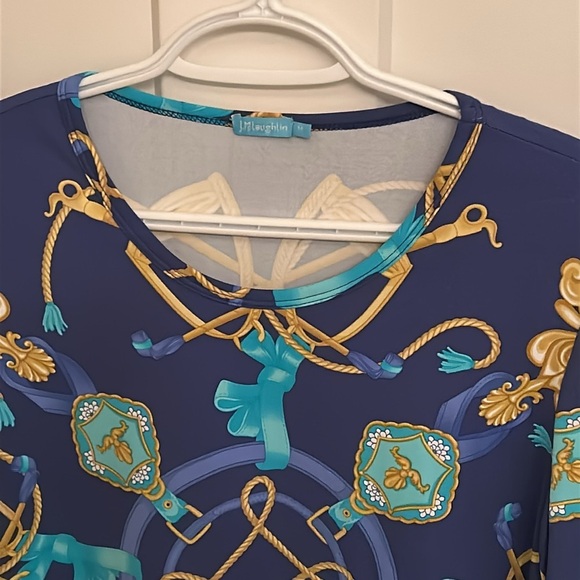 Versace-inspired J. McLaughlin luxe blue, aqua and gold equestrian top, size M - Picture 2 of 6